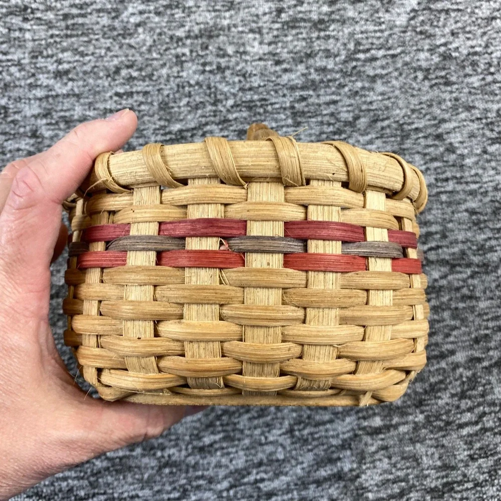 Vintage Woven Basket Wood Divider Handle Utensil Caddy Farmhouse Primitive Decor